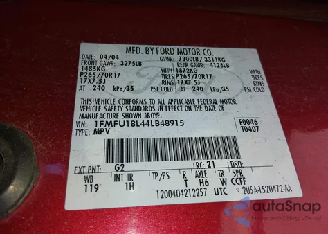 2004 Ford Expedition Eddie Bauer z USA, uszkodzony, nr VIN 1FMFU18L44LB48915